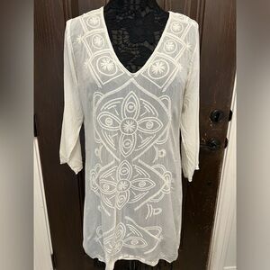 Johnny Was 3/4 Sleeve Embroidered Tunic Blouse Sheer White Beach coverup BOHO